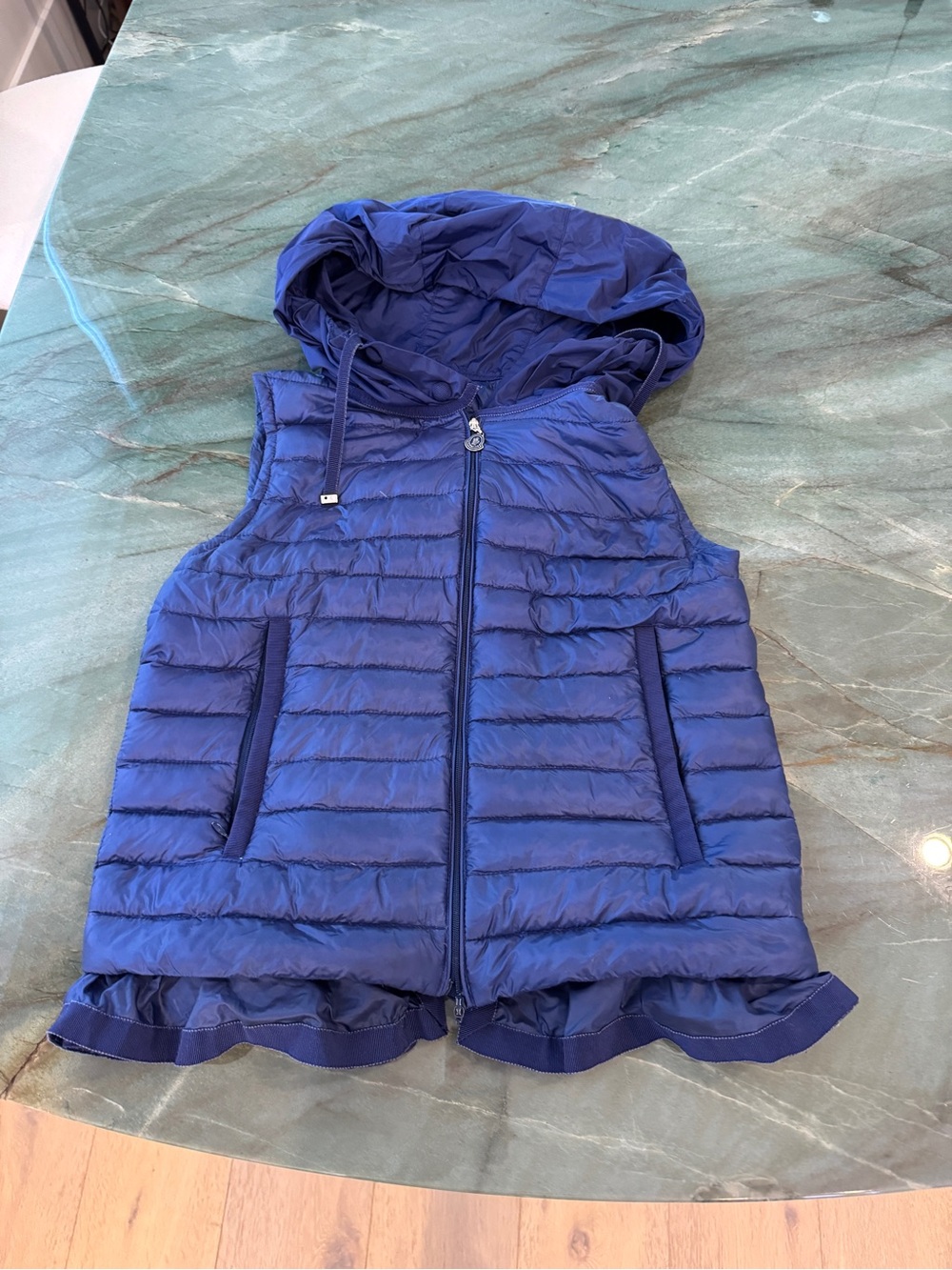 Moncler Blue Quilted Hooded Ruffle Hem Puffer Vest